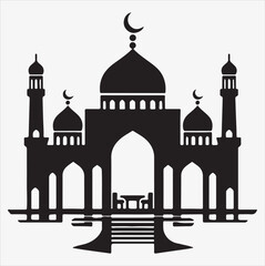 minimal mosque vector art illustration, silhouette on black, white background 