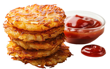 A stack of four crispy hash browns with a side of ketchup