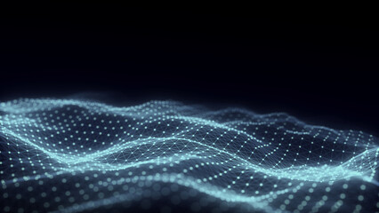 Blue wave of particles and lines. Big data visualization. Abstract background with a dynamic wave. 3d rendering.
