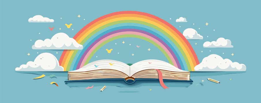 rainbow on clouds over open book. Enjoyable reading. Literature for children Vector flat minimalistic isolated illustration