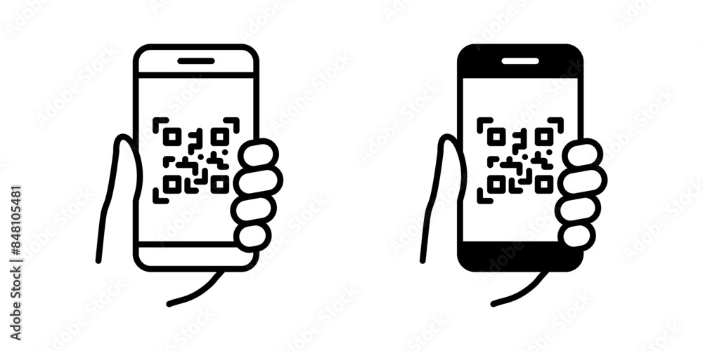 Poster qr code icon. mobile phone scanning qr-code vector illustration. hand holding a phone with scanner s