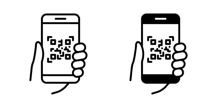 QR code icon. Mobile phone scanning qr-code vector illustration. Hand holding a phone with scanner symbol isolated.