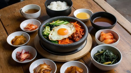 A traditional Korean meal set on a wooden table, featuring a variety of colorful and flavorful dishes.