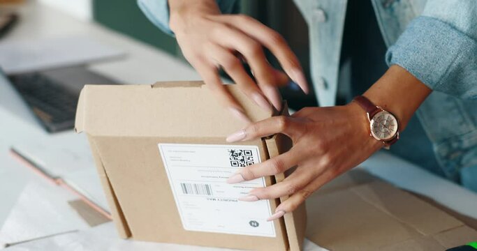Business woman, hands and box with package for logistics, supply chain or delivery at office. Closeup of female person or owner closing parcel, cargo or product in shipping or courier service on desk