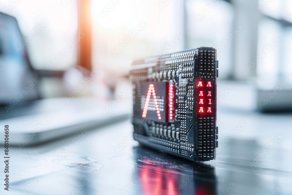 Poster ai processor on a desk in a brightly lit workspace