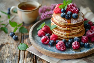 A stack of pancakes topped with blueberries and raspberries