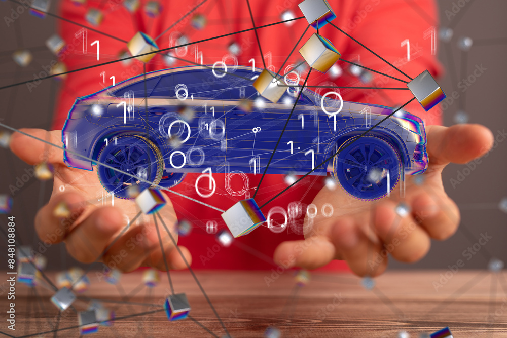 Poster Autonomous car with HUD graphic of Navigation system driving