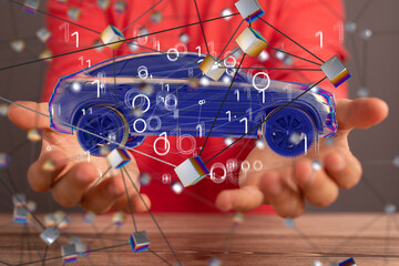 Autonomous car with HUD graphic of Navigation system driving