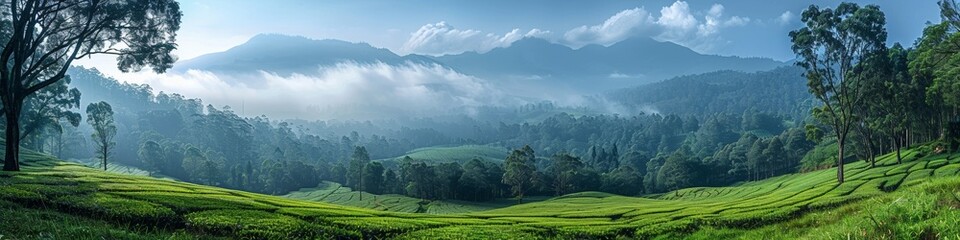 Fototapeta premium Tranquil scenery of a lush tea plantation nestled in a valley, kissed by morning sunlight.