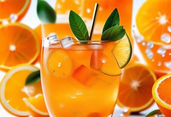 A close-up of an orange cocktail with ice and orange slices on a white background
