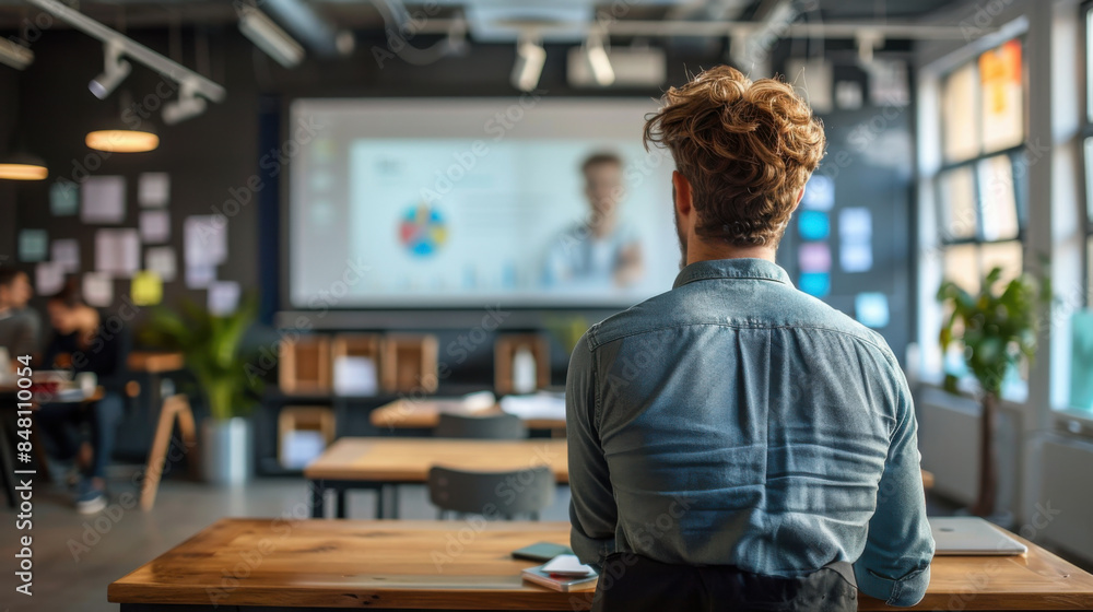 Poster a man observes a presentation in a modern office environment, focusing on a large screen displaying 