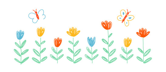 Vector illustration of colorful tulips and butterflies drawn with crayons on white background. Beautiful isolated spring floral design of children's drawing. Greeting card on spring theme