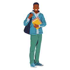 Dark-skinned young man in casual clothes standing, smiling at camera. Guy holding textbooks in hands. Concept of education, back to school, knowledge and study. Isolated on white background