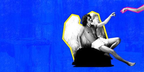Contemporary art collage. Shirtless man with angel wings, outlined in yellow, sitting and reaching out against vibrant textured background. Concept of classic and modernity fusion, aesthetic. Ad