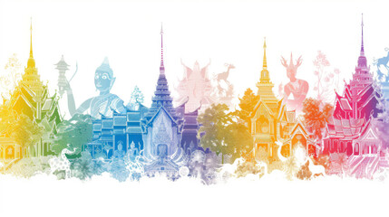 Vibrant multi-colored illustration of Thai temple silhouettes with cultural elements and traditional architectural features, depicting a lively and rich cultural scene.