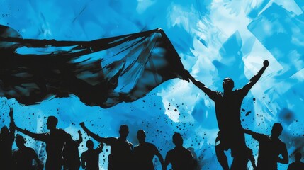 An illustration of an excited supporter in a black silhouette on a light blue background.