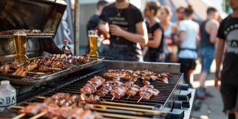 Self-service BBQ, close-up, with beer next to it, St. Patrick's Day, summer party, music festival, carnival week, cold drinks, multiracial, unity, communication, in the background is a group of young 