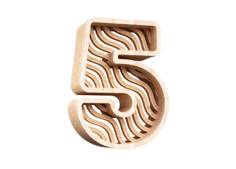 3D typography with wooden wavy lines. Number 5 highly detailed 3D rendering.