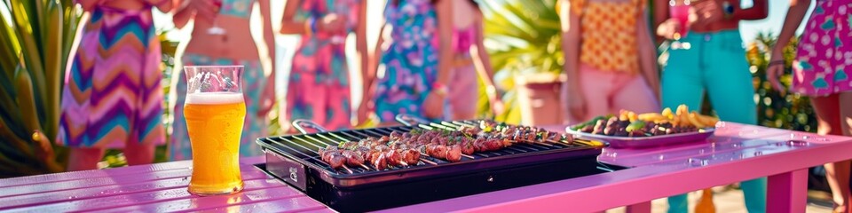 Fototapeta premium Self-service BBQ, close-up, with beer next to it, St. Patrick's Day, summer party, music festival, carnival week, cold drinks, multiracial, unity, communication, in the background is a group of young 