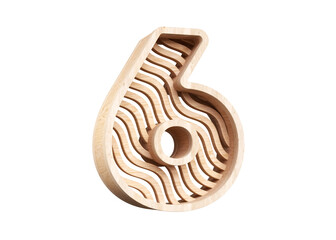 Wood font 3D number 6 with wavy line pattern. High quality 3D rendering.