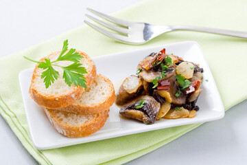 Garlic mushrooms with chilli. Traditional Spanish dish...