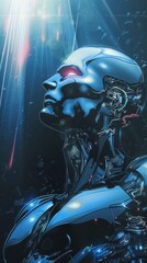 Fototapeta premium Comic book illustration, a sentient ai looking up, sunlight streaming dark composition, blue hour