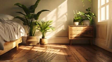 A serene bedroom with a wooden floor and a wooden dresser. There are two potted spider plants on...