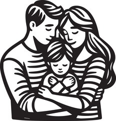 Parents Hug & Child Vector Illustration Silhouette. Love, friendship, unity of diverse parents and children.