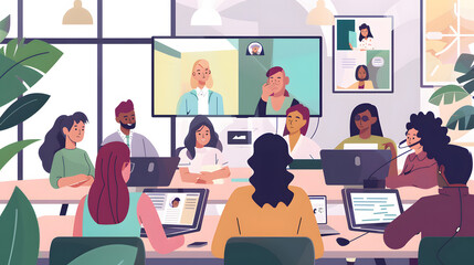 Fototapeta premium Business meeting at conference table. Office team, employees at brainstorm, work discussion. Corporate communication, teamwork, collaboration. Flat illustration isolated on white background