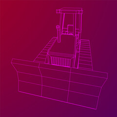 Big front-end loader bulldozer. Heavy equipment machine and manufacturing equipment for mining. Wireframe low poly mesh vector illustration.