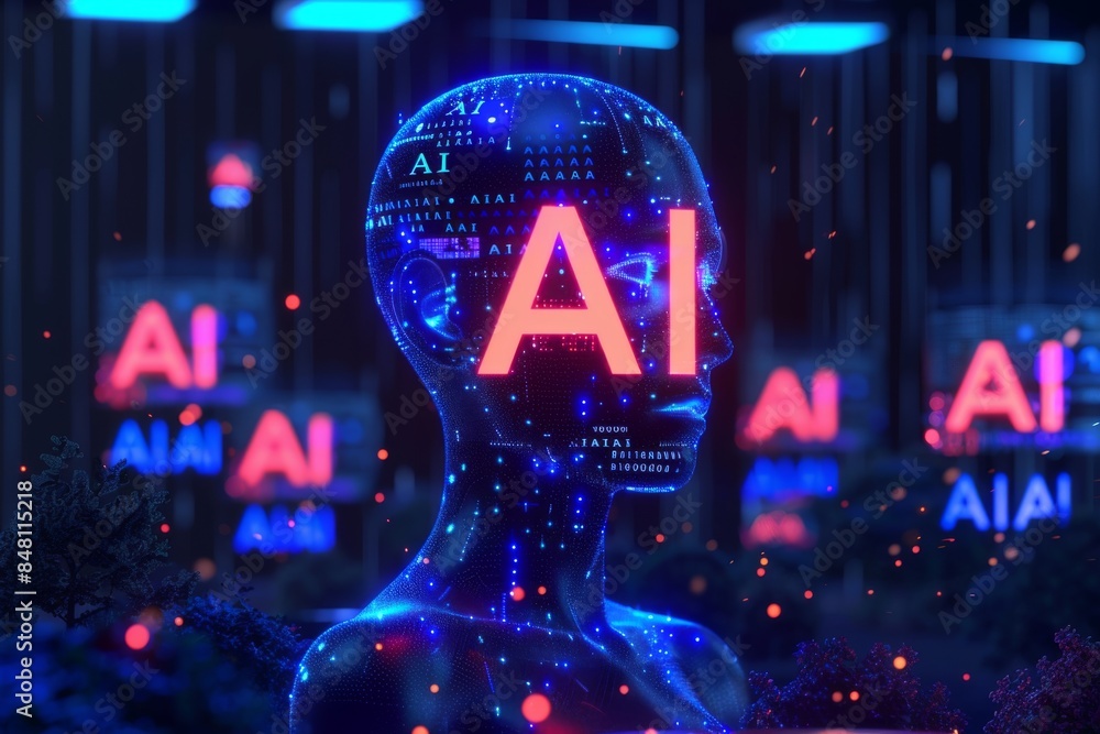 Poster ai visualization with digital human head and data streams in a futuristic environment
