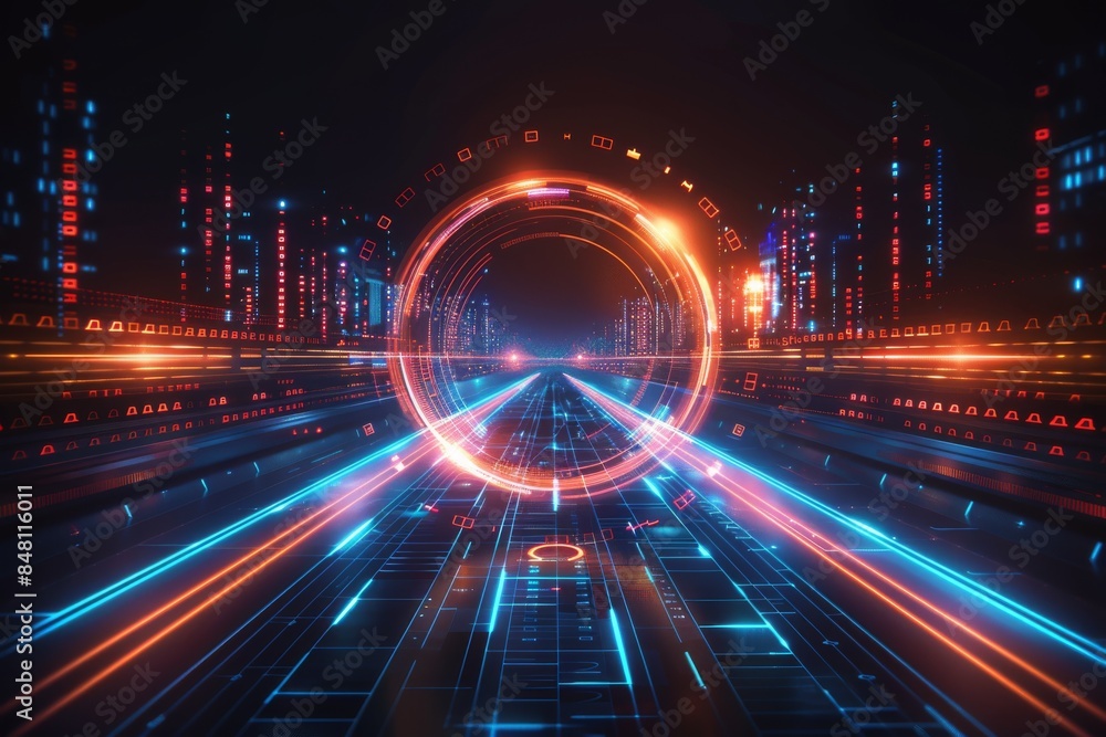 Poster futuristic ai data highway with glowing neon light trails and speed effect