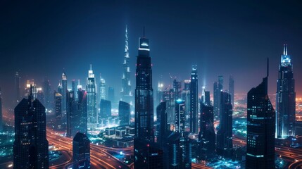 Obraz premium A breathtaking skyline featuring towering skyscrapers illuminated by city lights at night.