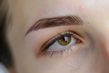 Obraz premium Permanent makeup of a young woman's eyebrows from a professional cosmetologist close-up. 