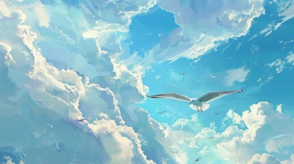 A seagull soars freely in the sky, unfettered and unrestrained, flying with the wind, against a backdrop of blue sky and white clouds