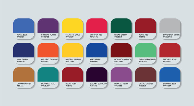 Royal Color Palette, Royal Color Guide Palette with Color Names. Catalog Samples of Royal Colour with RGB HEX codes and Names. Royal Colors Palette Vector, Paints and Fashion Trend Color Palette