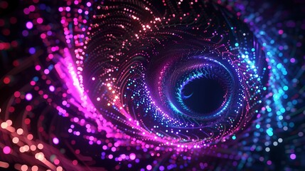 Abstract digital background with neon dots in a spiral shape on a black backdrop.