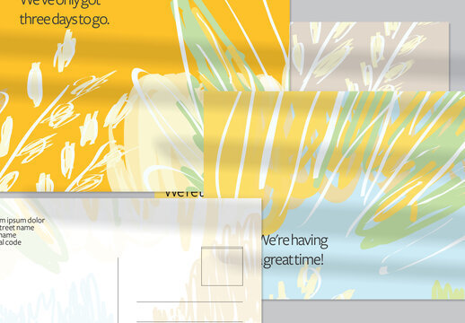 Postcard Layout with Hand Drawn Abstract Brush Strokes and Floral Elements