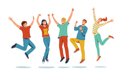 A group of exuberant young individuals jumping in the air with infectious joy and energy. Their beaming smiles and casual attire create a carefree atmosphere against a isolated white background.