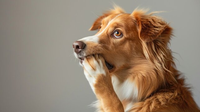 The ginger dog covers his muzzle with his paw, having committed a misdemeanor. The emotion of oops in an animal