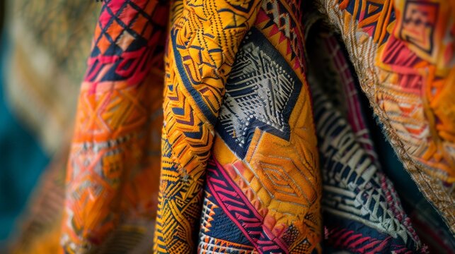 Close-up of a Micronesian lavalava, emphasizing the geometric patterns and bright colors typical of the attire.