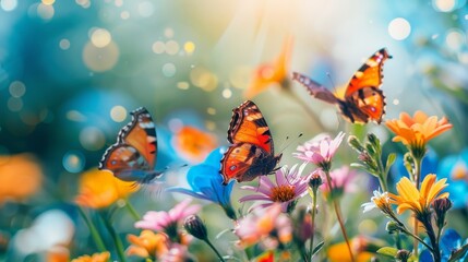 Three butterflies flutter over a field of vibrant wildflowers in a bright, sunny meadow