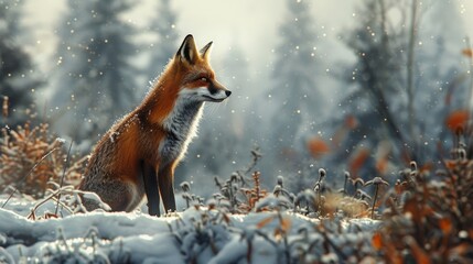 A red fox stands in a snowy forest, looking towards the left side of the image. Snow falls softly around it