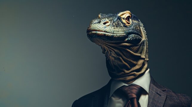 Komodo dragon dressed in an elegant suit with a nice tie. fashion portrait 