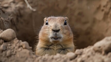 A prairie dog pokes its head out of its burrow, looking curiously at the camera