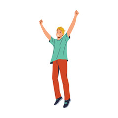Excited blond man in green shirt and red pants jumping in the air with arms raised and big smile. He exudes energy and joy, excitement and happiness. Isolated on white background