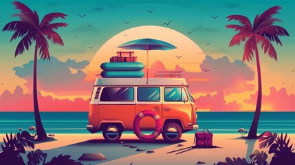 Beautiful vector illustration of tropical beach with vintage camper van for poster greeting card design