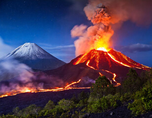 volcano eruption at night