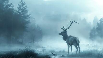Naklejka premium A solitary deer stands in a misty forest, its antlers reaching towards the sky