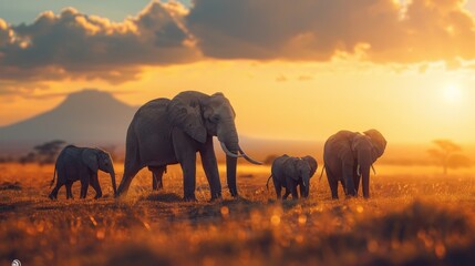 Fototapeta premium A family of four elephants walks through the African savanna at sunset, their silhouettes framed against the golden sky